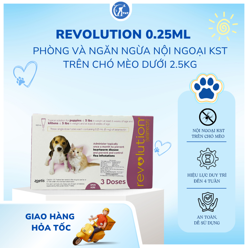Nhỏ gáy Revolution 0.25ml phòng và ngăn chăn nội ngoại ký sinh trùng trên chó và mèo dưới 2.5kg