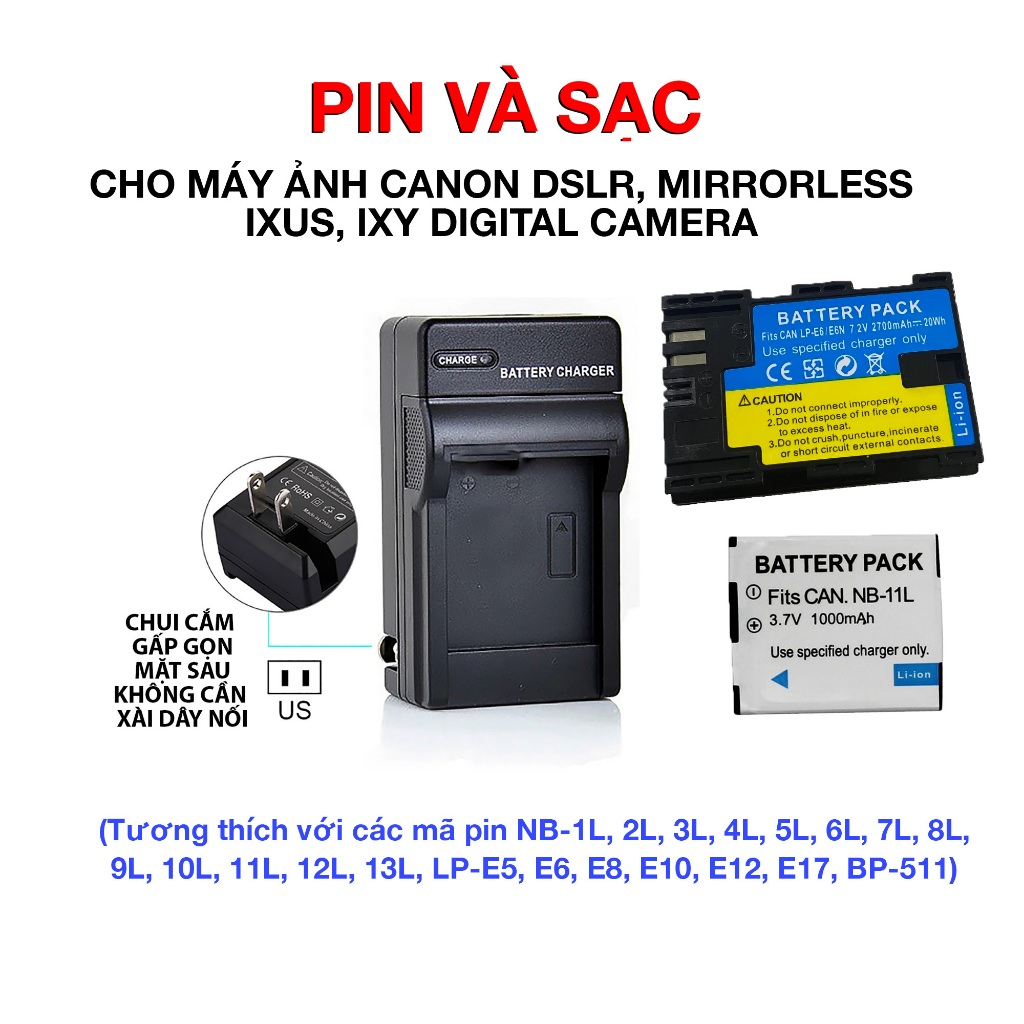 Pin và sạc máy ảnh Canon IXUS, IXY, DSLR, Mirrorless đủ loại