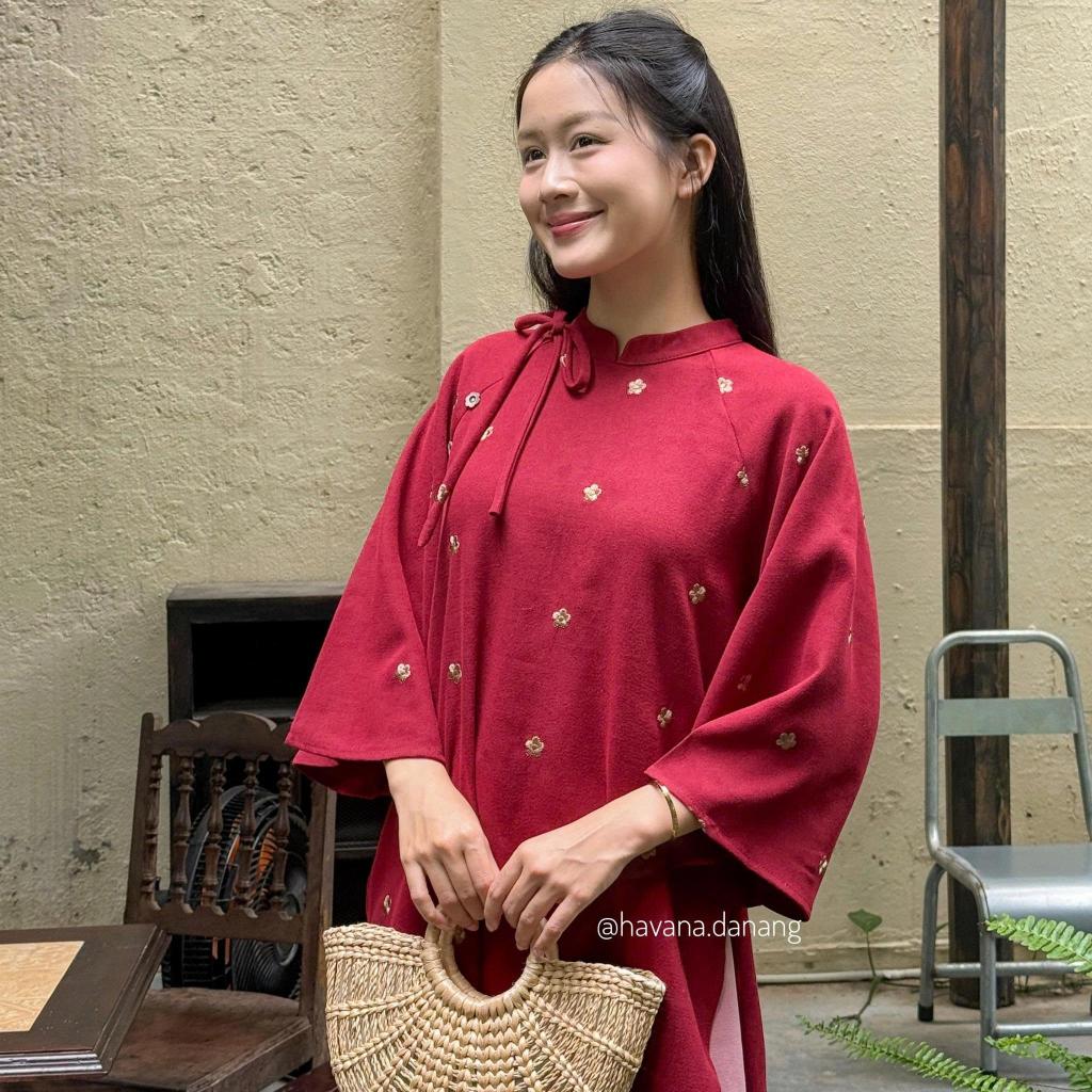 (HAVANA) CÓ BIGSIZE - Áo dài nhung chéo ĐƯỜNG DAO thêu hoa kèm quần nhung  AD186 | BigBuy360 - bigbuy360.vn