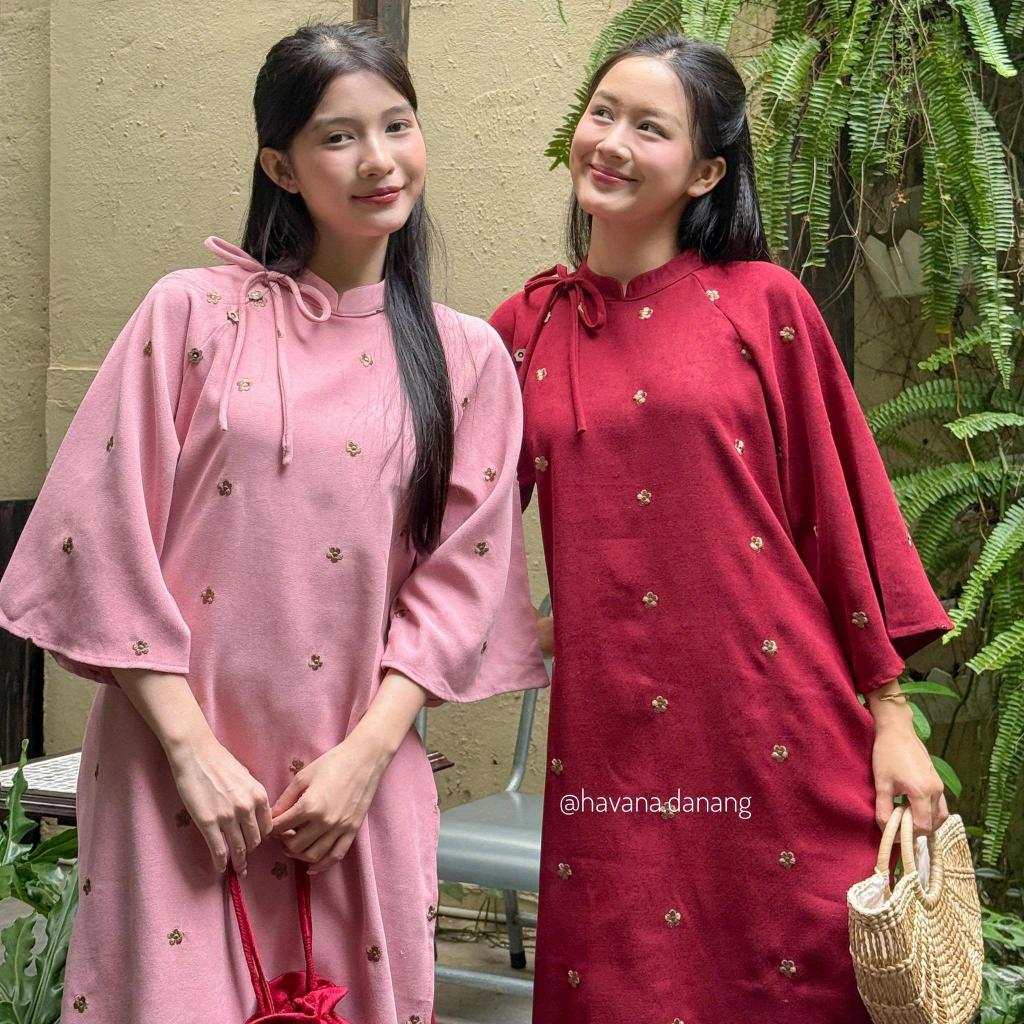 (HAVANA) CÓ BIGSIZE - Áo dài nhung chéo ĐƯỜNG DAO thêu hoa kèm quần nhung  AD186 | BigBuy360 - bigbuy360.vn