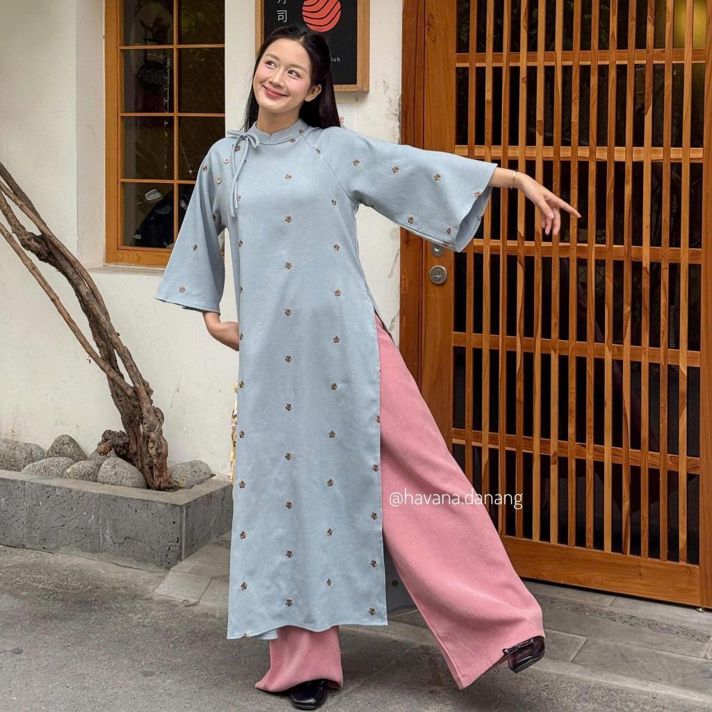 (HAVANA) CÓ BIGSIZE - Áo dài nhung chéo ĐƯỜNG DAO thêu hoa kèm quần nhung  AD186 | BigBuy360 - bigbuy360.vn