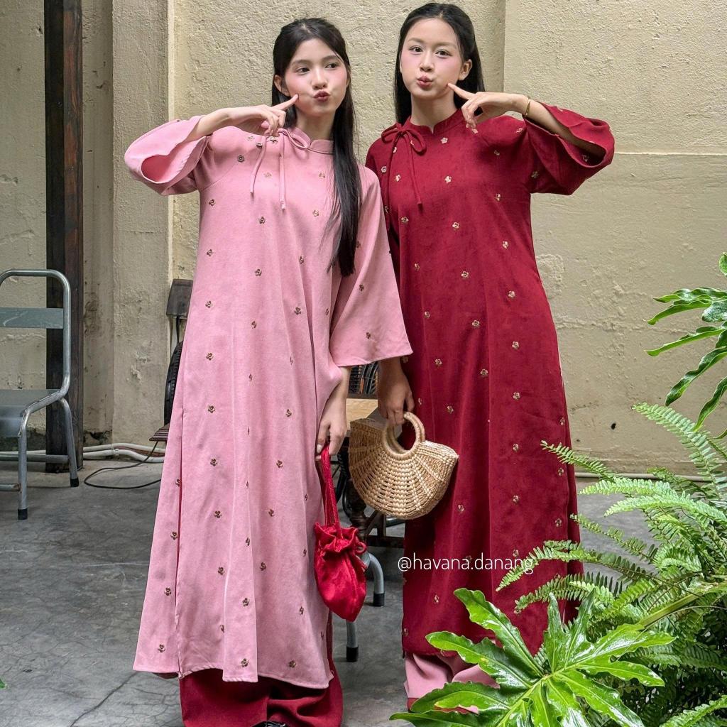 (HAVANA) CÓ BIGSIZE - Áo dài nhung chéo ĐƯỜNG DAO thêu hoa kèm quần nhung  AD186 | BigBuy360 - bigbuy360.vn