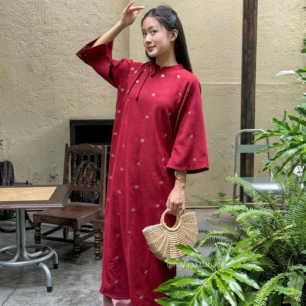 (HAVANA) CÓ BIGSIZE - Áo dài nhung chéo ĐƯỜNG DAO thêu hoa kèm quần nhung  AD186 | BigBuy360 - bigbuy360.vn