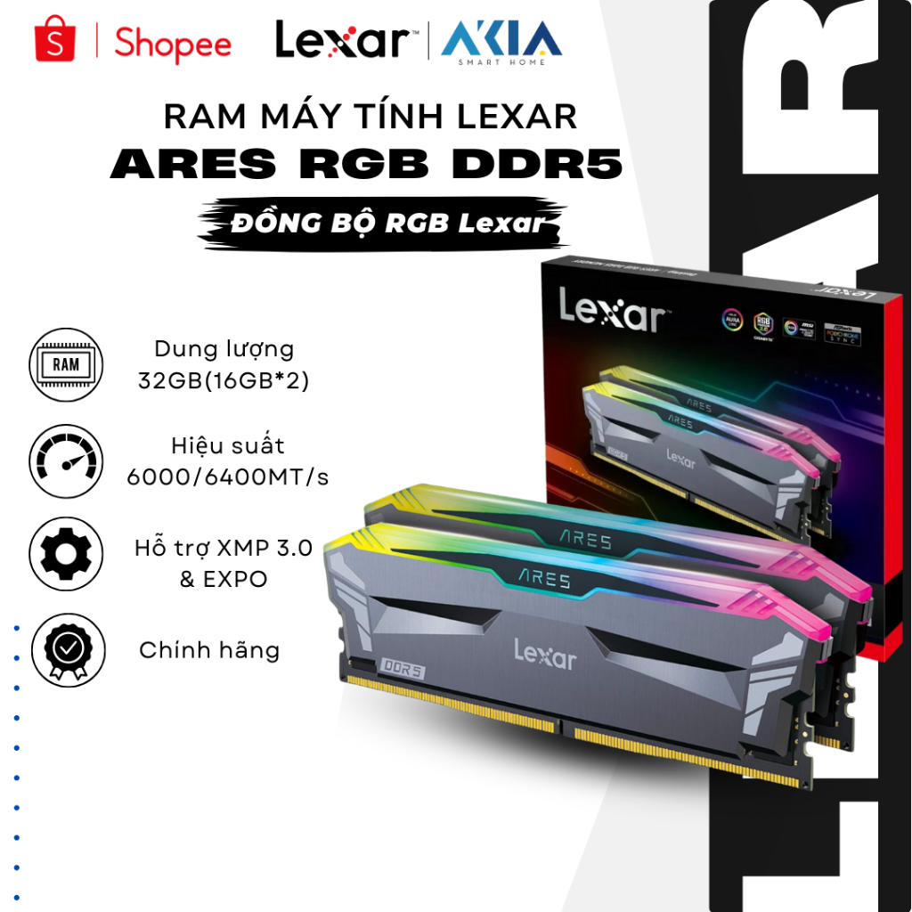 RAM máy tính Lexar Ares RGB DDR5 32GB (2*16), BUS 6000, đồng bộ RGB, hỗ trợ XMP 3.0 & EXPO