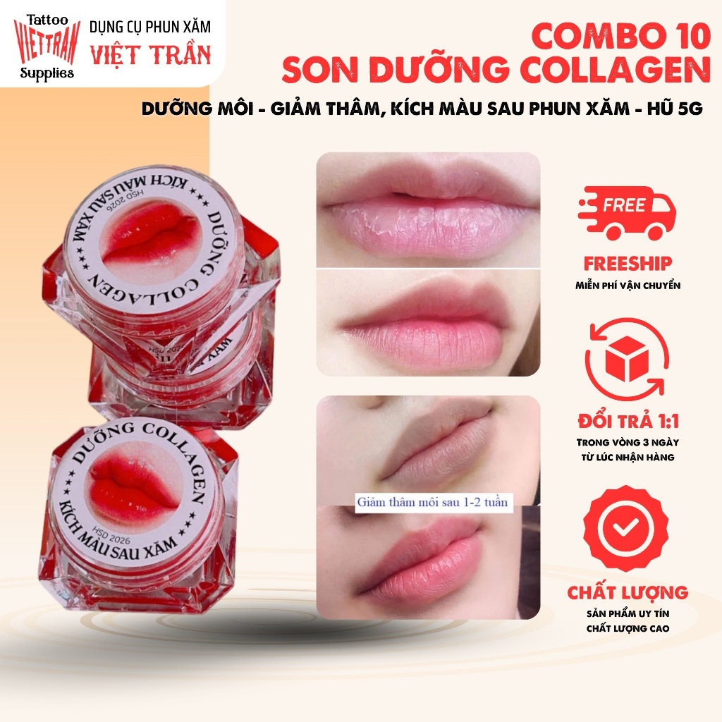 Combo 10 Son dưỡng môi Collagen giảm thâm, kích màu môi sau phun xăm, dưỡng môi căng bóng, mềm mượt hũ 5g