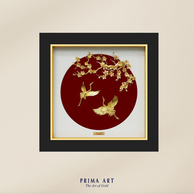 Tranh treo tường Mỹ Nghệ Phủ Vàng 24K PRIMA ART - Hình đôi chim hạc & cành mai - Size 35x35 cm  -  CGS-0758-01