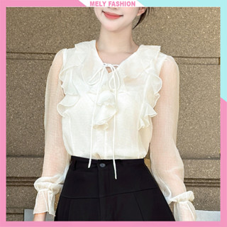  Áo sơ mi nữ dài tay công sở Mely Fashion dáng suông cổ V chất tơ gạo Hàn 2 lớp phối bèo mềm mại nữ tính ASM52 