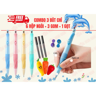  Combo 3 bút chì cá heo cho bé tập viết,kèm 6 hộp ngòi và 3 cục tẩy kèm 1 gọt ngòi   combo học tập cho bé 
