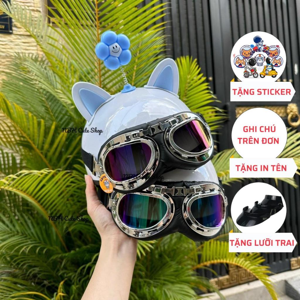 [TẶNG IN TÊN] Nón Bảo Hiểm Nửa Đầu Kính Phi Công Kèm Phụ Kiện Tai Mèo Màu Và Bông Hoa Gắn Mũ Bảo Hiểm CUTE SHOP