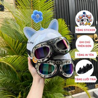 [TẶNG IN TÊN] Nón Bảo Hiểm Nửa Đầu Kính Phi Công Kèm Phụ Kiện Tai Mèo 2 Màu Và Bông Hoa Gắn Mũ Bảo Hiểm Dễ Thương CUTE