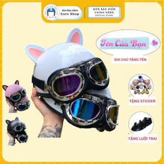 [TẶNG IN TÊN] Nón Bảo Hiểm Nửa Đầu Kính Phi Công Kèm Phụ Kiện Tai Mèo 2 Màu Dễ Thương Chất Liệu ABS Dày 3 Lớp Có Tem QC