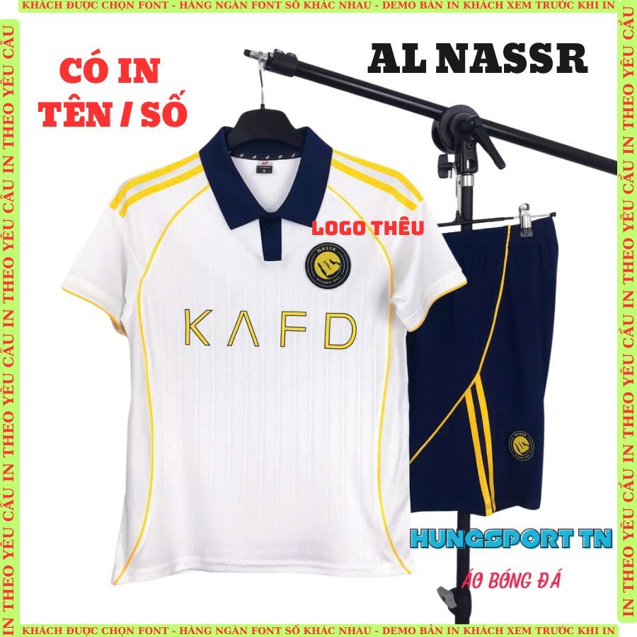 Nhận in tên số theo yêu cầu, quần áo bóng đá Al Nassr Ronaldo (cổ bẻ), in nhiệt không bong tróc, bền