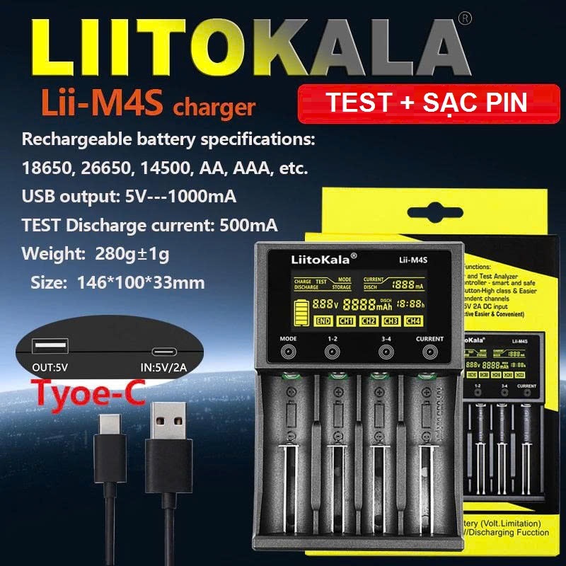 Bộ sạc Pin cao cấp model mới nhất Liitokala Lii M4S Màn hình cảm ứng, led cực đẹp, có thể Sạc và Tes