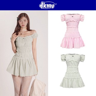  Váy trễ vai nữ kiểu tay bồng DKMV họa tiết sọc hồng xanh bơ kèm quần bí logo inox form chữ A Sugarplum Dress |K-D10 