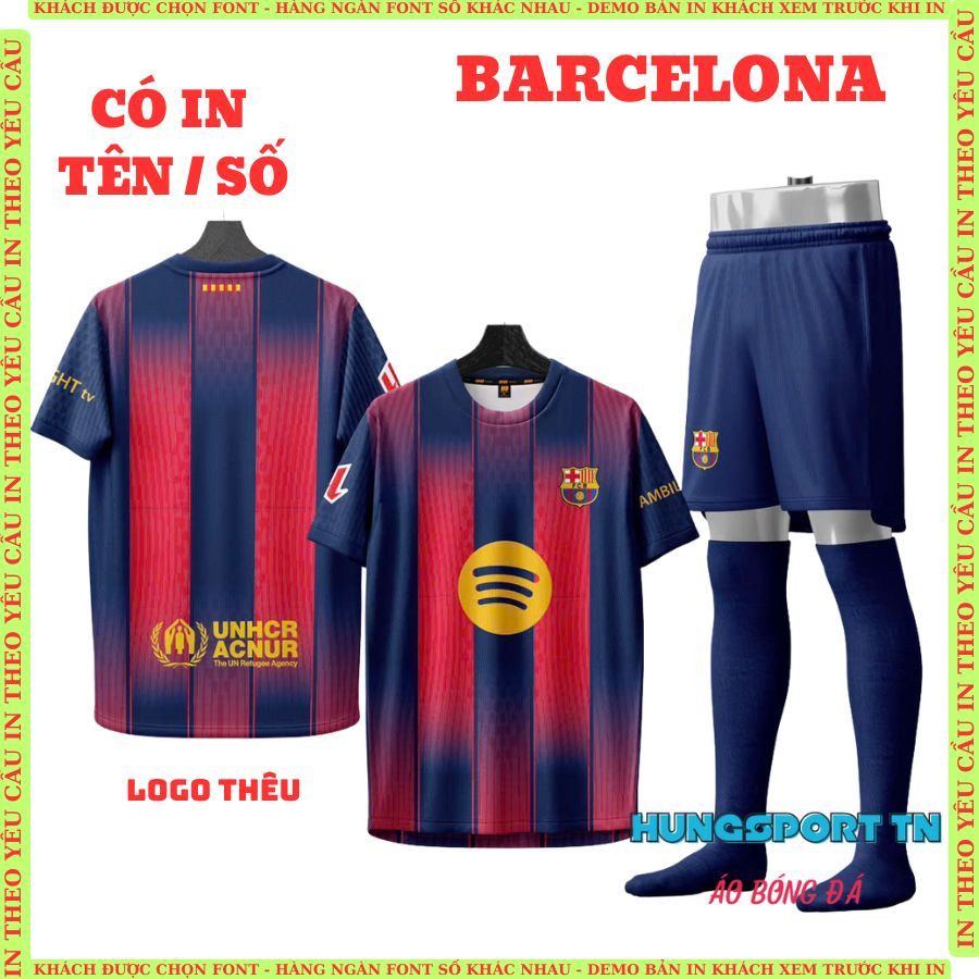 Nhận in tên số theo yêu cầu, quần áo bóng đá Barcelona, in nhiệt không bong tróc, bền màu, sắc nét HUNGSPORT TN