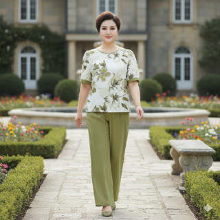 MS09 Bộ đồ nữ mặc nhà  thời trang họa tiết in hoa sang trọng,chất liệu vải LInen cao cấp thoáng mát, size từ 40 đến 82kg
