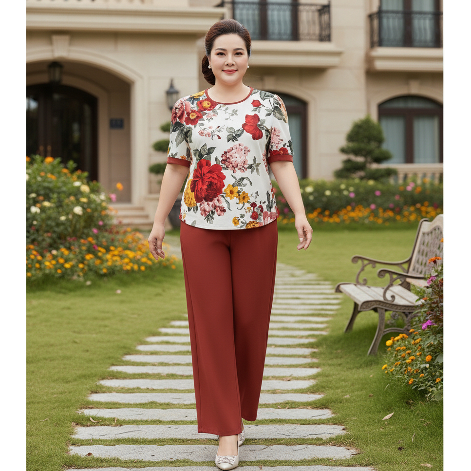 MS09 Bộ nữ mặc nhà  thời trang họa tiết in hoa sang trọng, chất liệu vải LInen cao cấp thoáng mát, size từ 40 đến 85kg