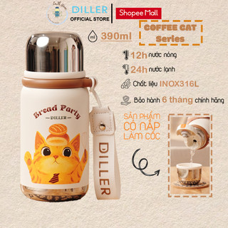 Bình giữ nhiệt Diller D9390 Coffee Cat Series (Tiệm Cafe Mèo) 390ml, dây xách, nắp làm cốc