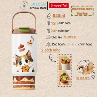 Bình giữ nhiệt Diller D9402 Coffee Cat Series (Tiệm Cafe Mèo) dung tích 920ml, ống hút, quai xách