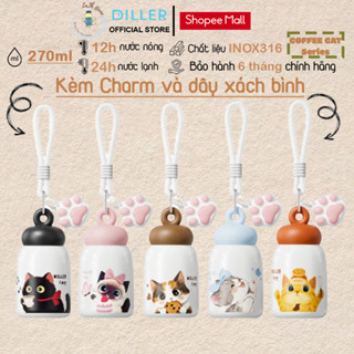  Bình giữ nhiệt Diller D9403 Coffee Cat Series  Tiệm Cafe Mèo  dung tích 270ml dây xách móc khoá 