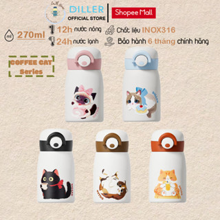  Bình giữ nhiệt Diller D9404 Coffee Cat Series  Tiệm Cafe Mèo  270ml lọc trà nút bật 