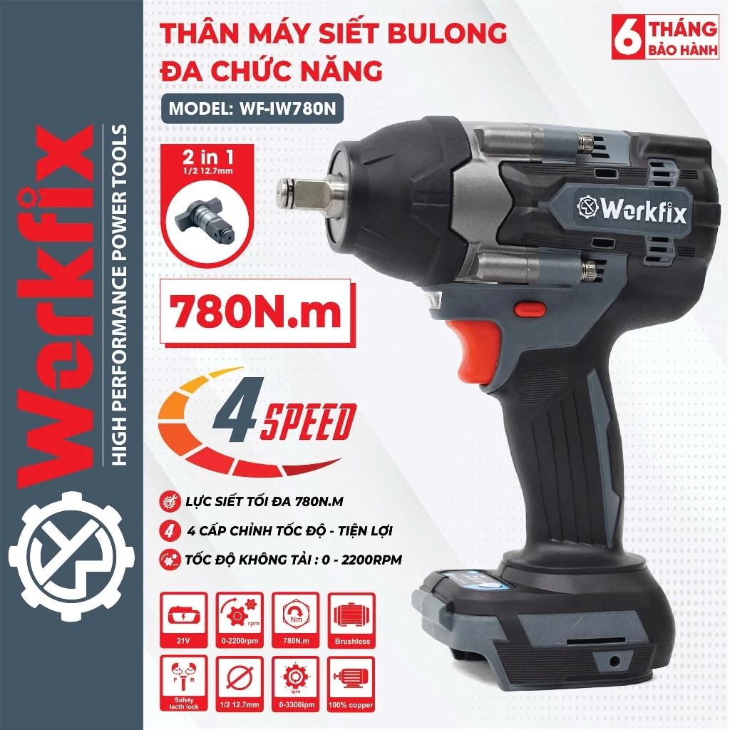 [Xám] Máy siết bulong Workfix WF-IW780N, Lực siết 780Nm - Siết mở ốc ô tô, xe máy - Không chổi than