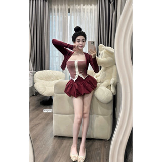  Set áo quây kẻ kèm áo khoác chân váy bồng xinh 
