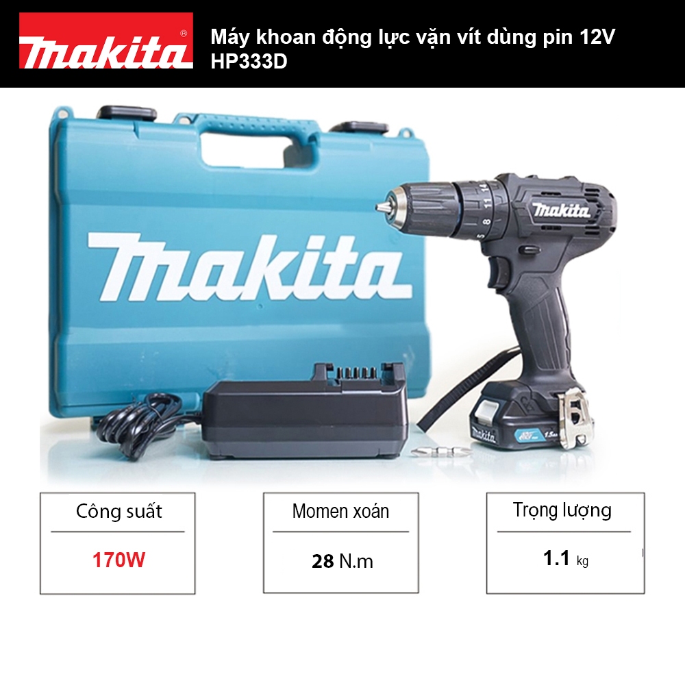 Máy khoan động lực vặn vít dùng pin 12V Makita HP333 - HP333DWYB Chính hãng - Bảo hành 12 tháng