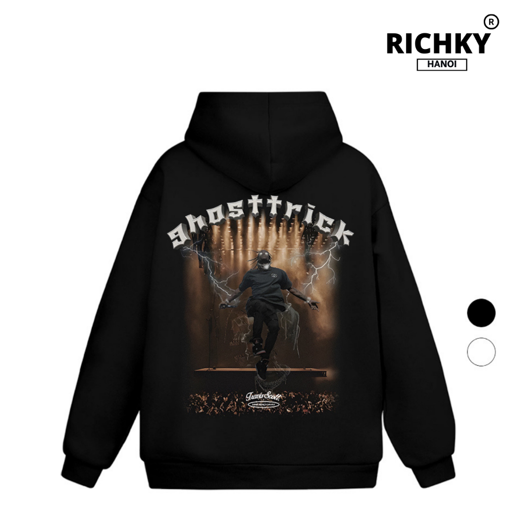 Áo Hoodie Richky Hanoi Premium Nỉ Ghost Trick Concert Travis Scott Black White