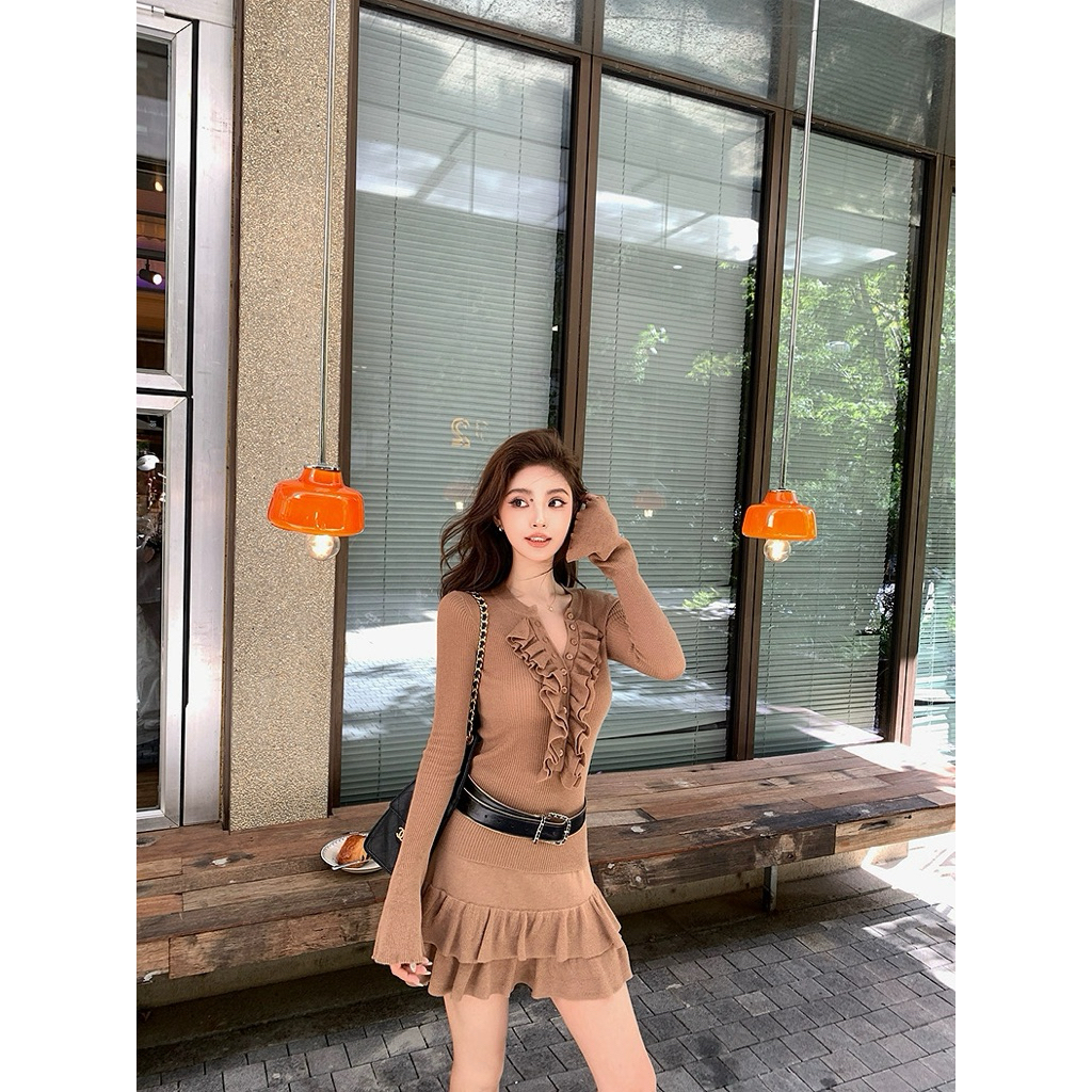 Set áo body tay loe cổ bèo phối chân váy xếp tầng TABISHOP Set Váy body nữ tôn dáng mặc đi dạo đi chơi đi tiệc(206) | BigBuy360 - bigbuy360.vn