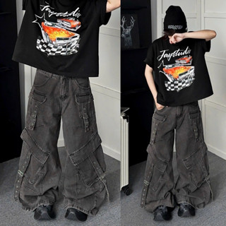  QUẦN JEAN LEWIS - Cargo Jeans - Quần jeans túi hộp phối dây ống siêu rộng vải washed màu XÁM Unisex nam nữ Jaystoree 