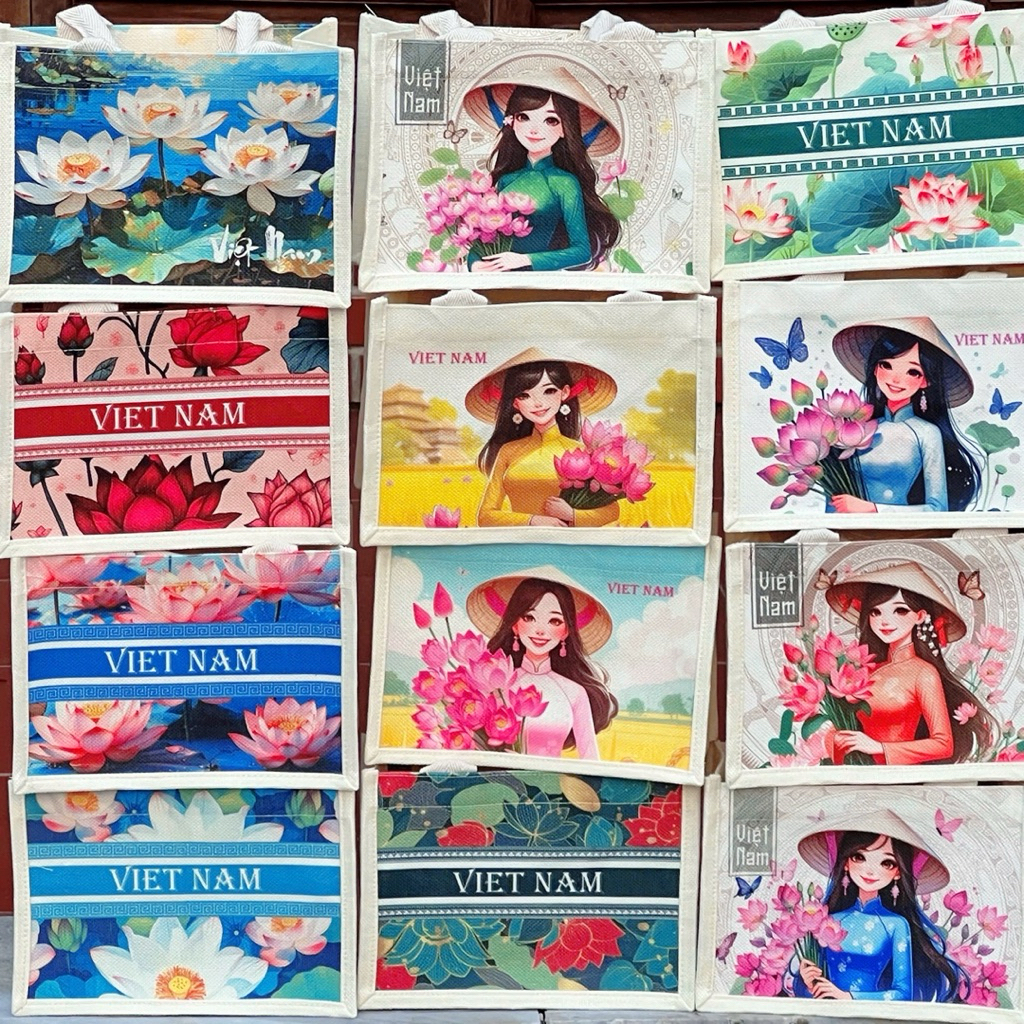 Túi vải đay, vải cói in hình Cô gái Việt Nam, túi xách canvas du lịch, lưu niệm, in kỹ thuật số