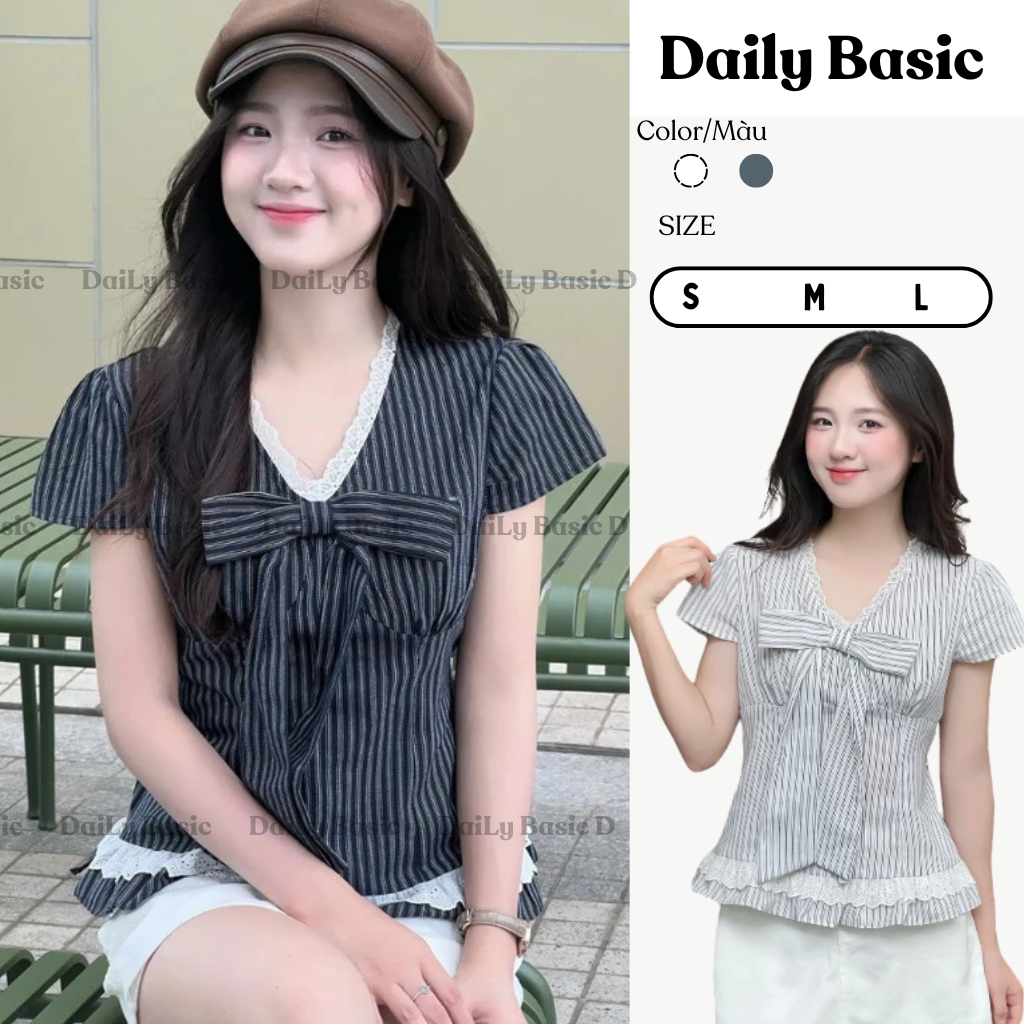 Áo Sơ Mi Kẻ Sọc Cổ Tim Phối Ren Kèm Nơ Xinh Xắn, Áo Kiểu Bèo Gấu Phối Nơ To Dễ Thương Thời Trang Mùa