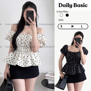  Áo Kiểu Nữ Cổ Vuông Tay Phồng Họa Tiết Chấm Bi Áo Babydoll Nữ Nhún Thân Mặc Được Nhiều Kiểu Tôn Dáng -Daily Basic-BI4 