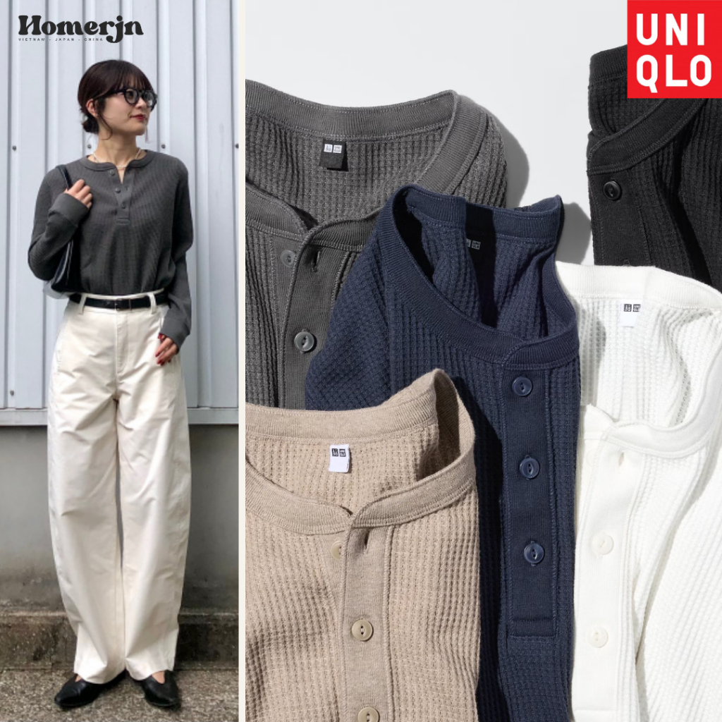 [UNI JAPAN] Áo Dài Tay Waffle Henley Chính Hãng - Nội Địa Nhật