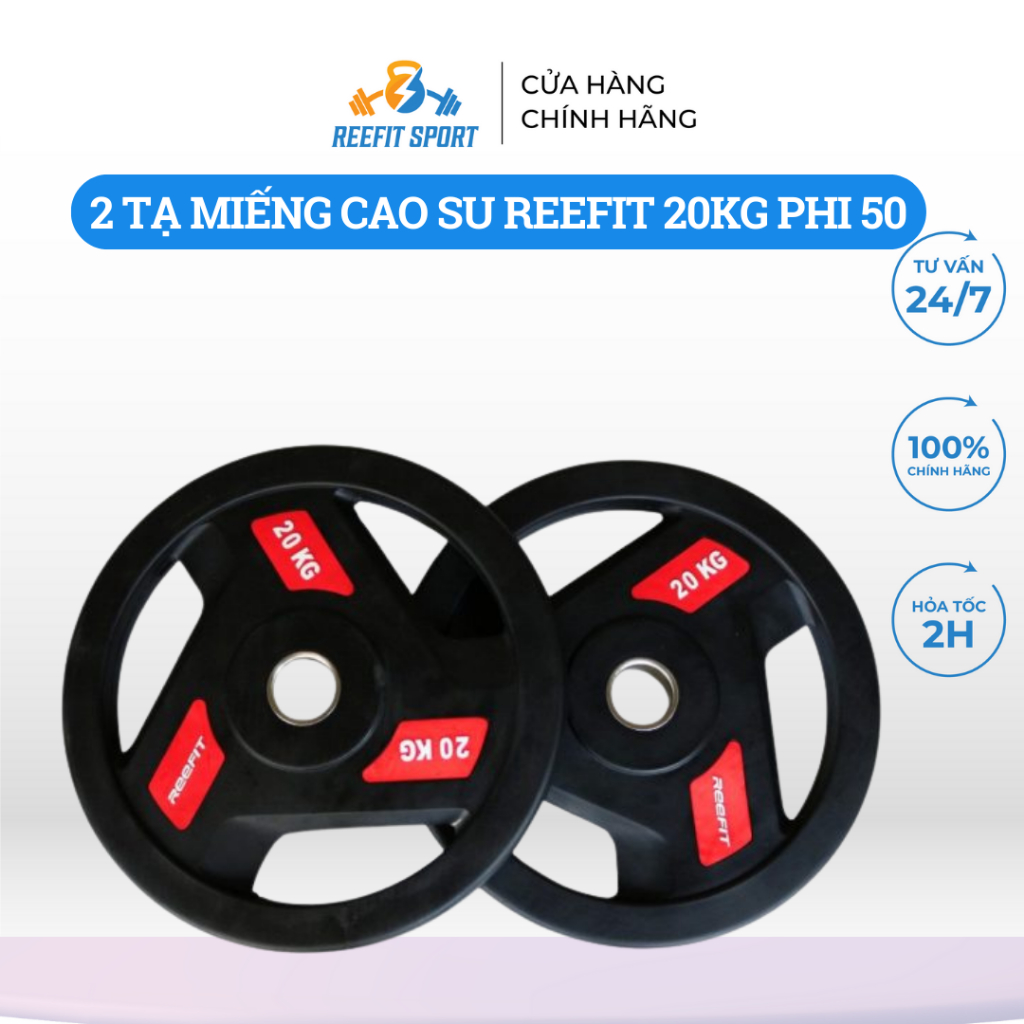 Bộ 2 tạ miếng tạ bánh cao su 3 lỗ Reefit 20kg phi 50 màu đen (gồm 2 miếng 20kg)