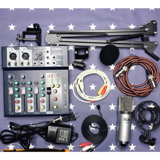 Combo Bộ mixer F4 USB BLUETOOTH + Mic ISK AT350 Hát thu âm livestream karaoke online kèm chân dây live bảo hành 6 tháng