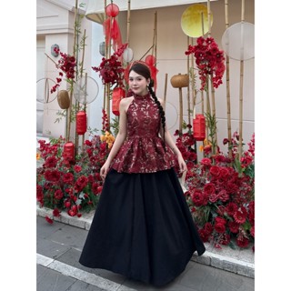 Set yếm gấm xòe nơ cổ kèm chân váy lưng chun Ảnh thật/Sẵn