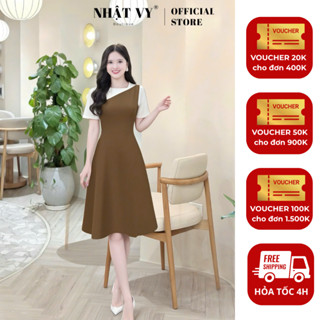  Đầm công sở Nhật Vy phối cổ cách điệu đính nút bọc form dáng xòe chất lụa phù hợp đi chơi - D3481 