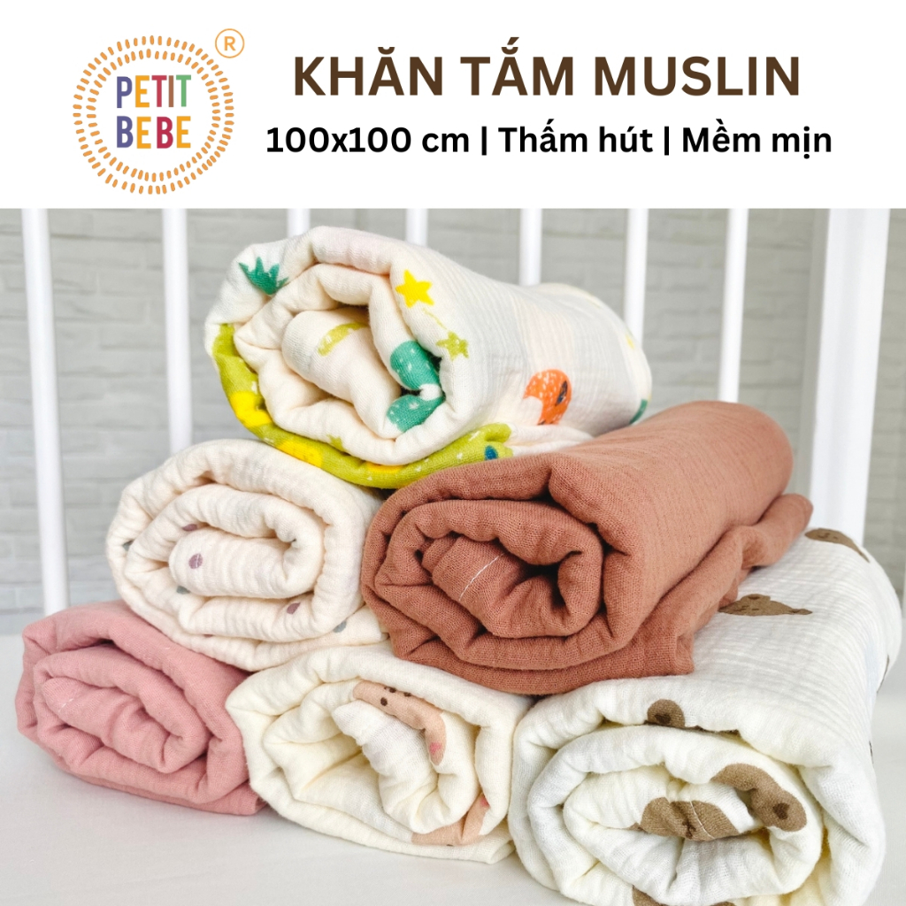 Khăn tắm cho bé Petit Bebe 100x100cm muslin 2 lớp thấm hút thoáng khí