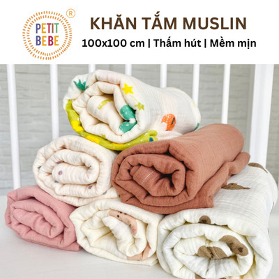 Khăn tắm cho bé Petit Bebe 100x100cm muslin 2 lớp thấm hút thoáng khí