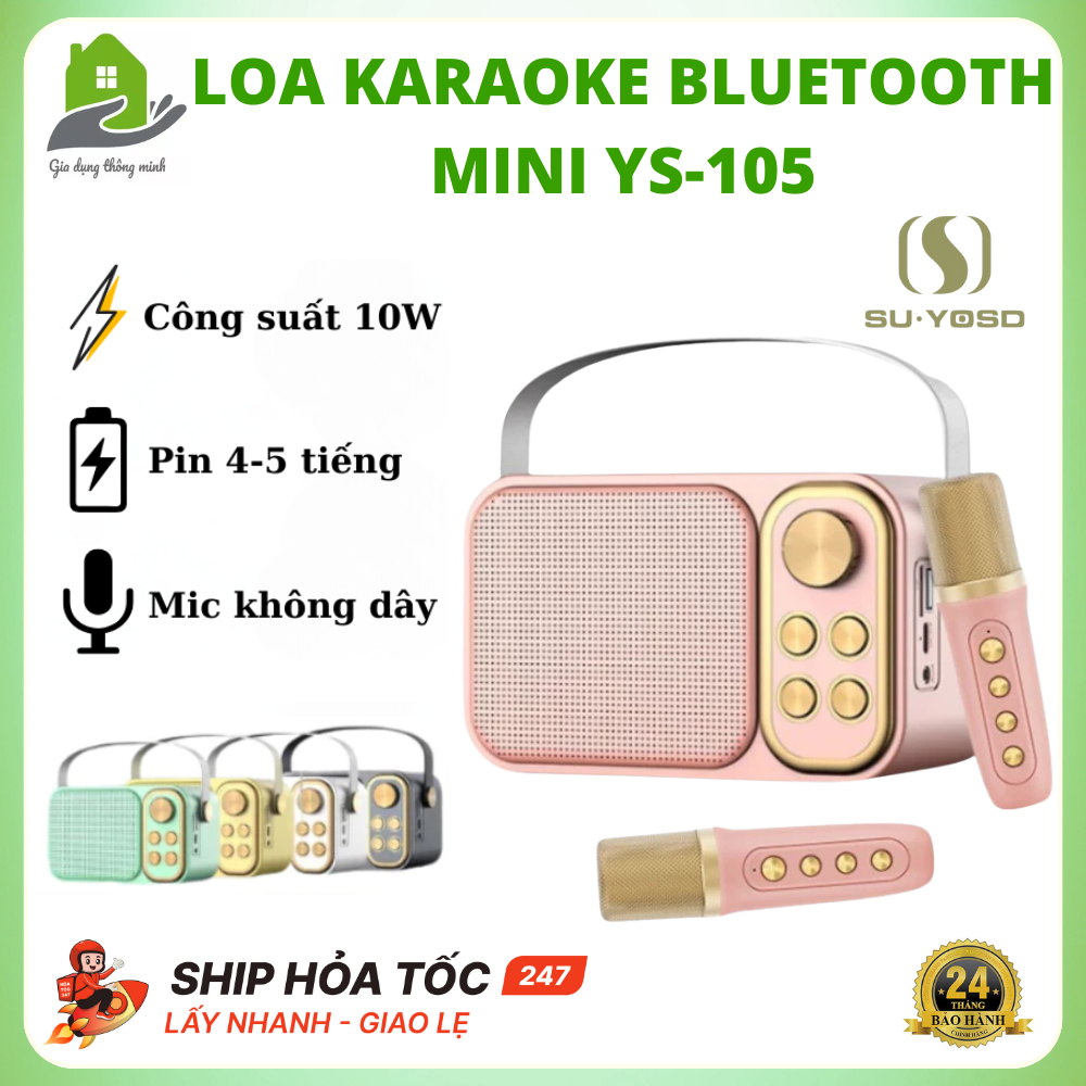 Loa Bluetooth Mini Karaoke Kèm 2 Micro YS-105 Công Suất 10W, Âm Thanh Siêu Hay, Bảo Hành 2 Năm