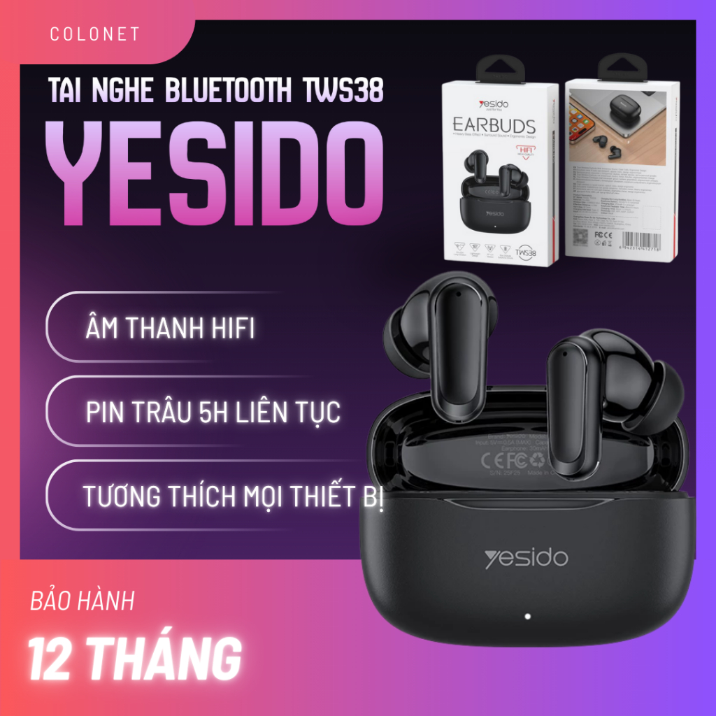 Tai Nghe Không Dây TWS38 Bluetooth 5.4G, Âm Thanh HIFI, Pin Trâu 5 Giờ Nghe Nhạc, Mic Đàm Thoại