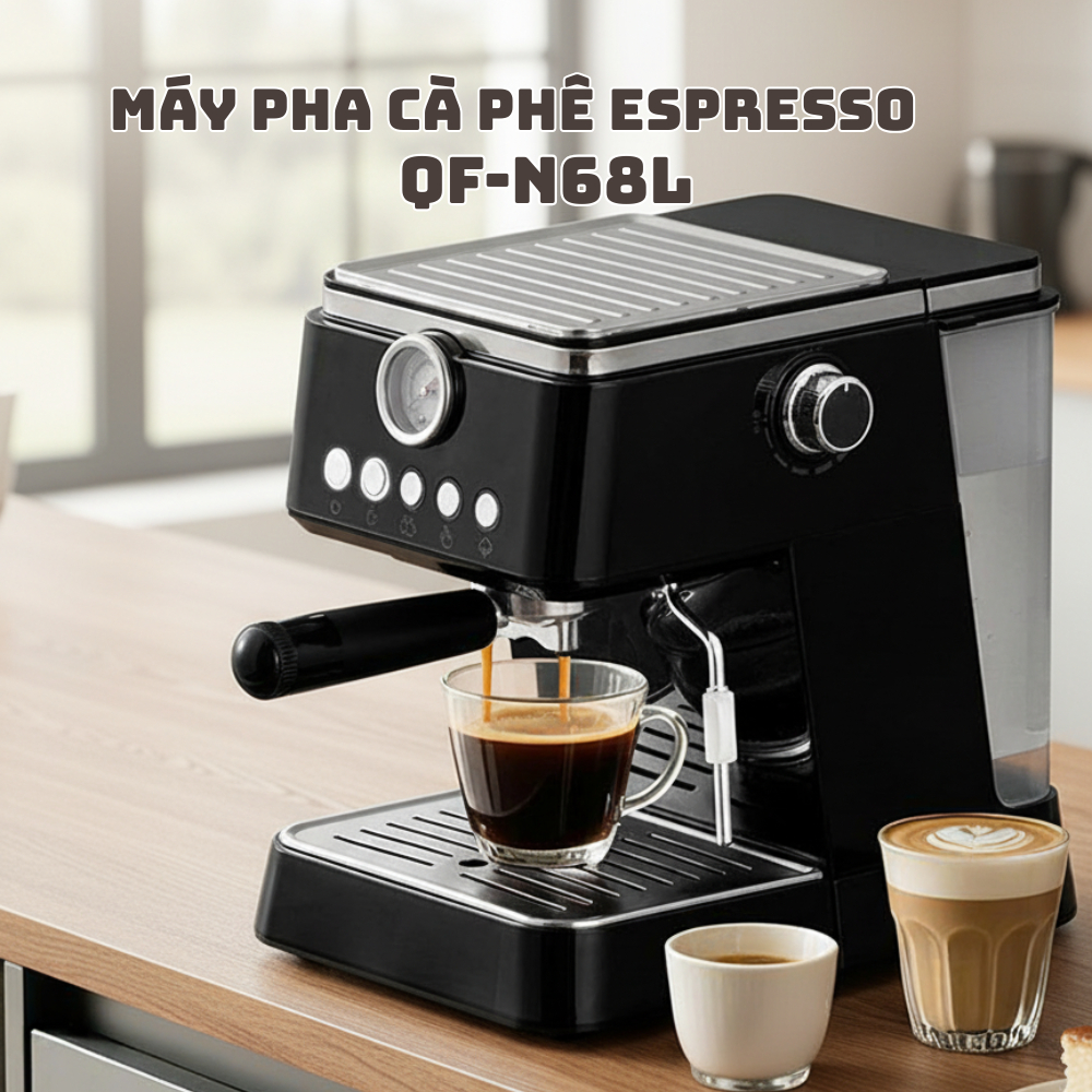 Máy pha cà phê Espresso chuyên nghiệp QF-N68L công suất 1300W, bình chứa 1.5L, thiết kế sang trọng