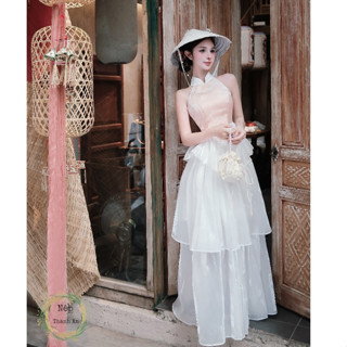  Set đồ nữ sang chảnh tiểu thư áo cổ yếm tàu không tay phối chân váy xòe tầng dài thiết kế du xuân lễ tết LEVAN Jennies 