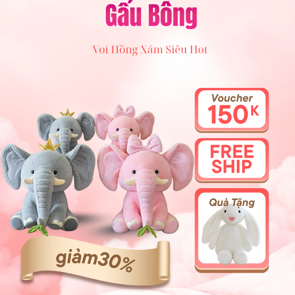 [Hàng Bán Chạy]🧸 Gấu Bông Voi Tình Yêu Size35cm, 65cm 2 Màu Xám Hồng – Siêu Mềm, Dễ Thương, Quà Tặng Ý Nghĩa, Sự Kiện