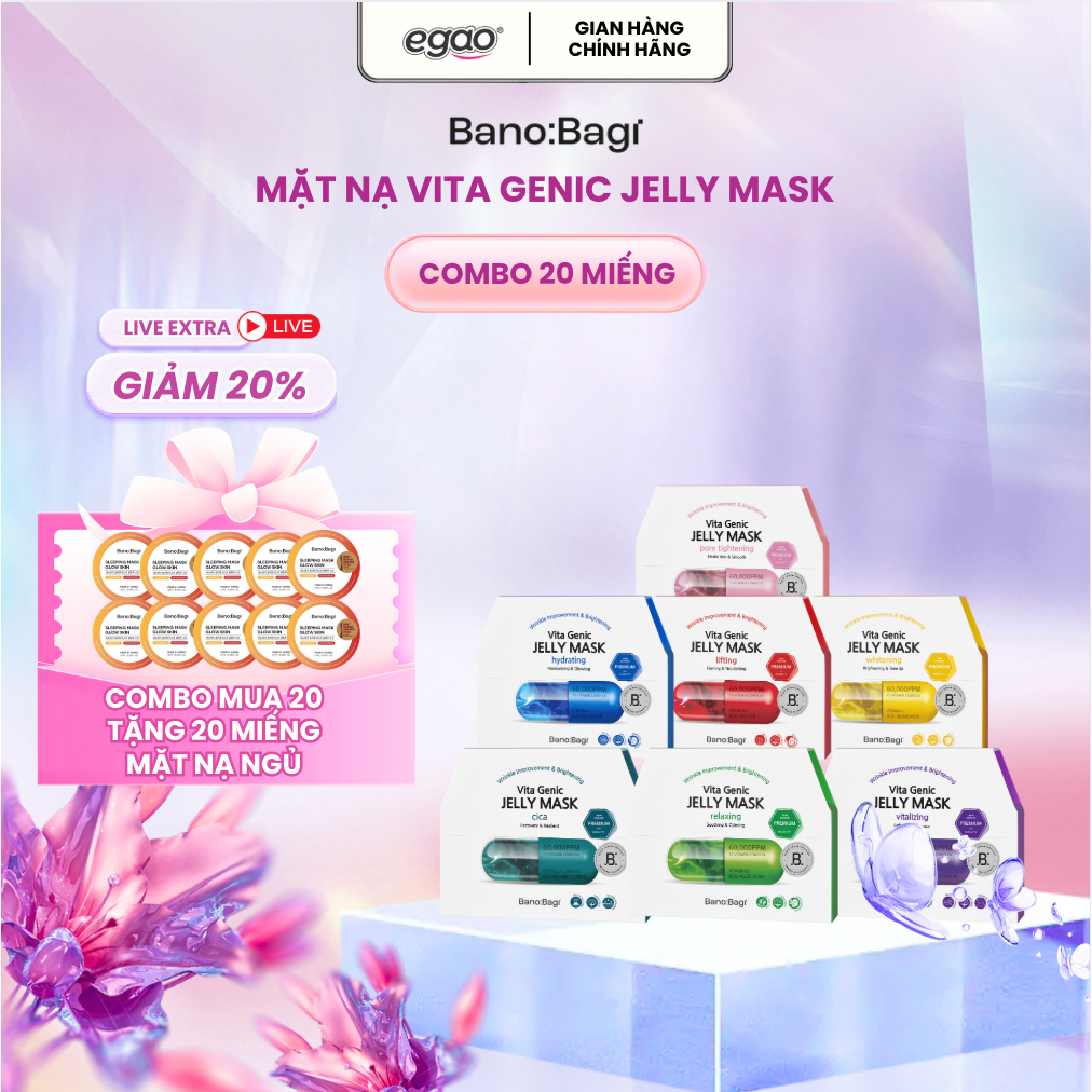 [LIVE] Combo 20 Mặt Nạ BANOBAGI Vita Jelly Mask + 20 Mặt nạ Ngủ Mặt Nạ Dưỡng Ẩm, Cải Thiện Làn Da 30