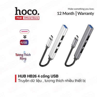 Bộ HUB chuyển Hoco HB26 4in1 Type-C sang 4 cổng USB ( USB 3.0/ 3 USB 2.0) truyền dữ liệu tương thích các hệ điều hành