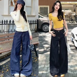 Quần jean Ống Suông Màu Xanh Than Chỉ Nổi MELYTA Lưng Cao tôn dáng, Quần jeans ống rộng eo cao ống rộng 28cm
