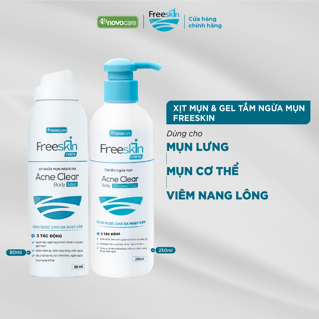 Xịt mụn lưng & Gel tắm ngừa mụn Novocare - Freeskin Forte hỗ trợ giảm mụn, mờ thâm, dưỡng sáng da sa